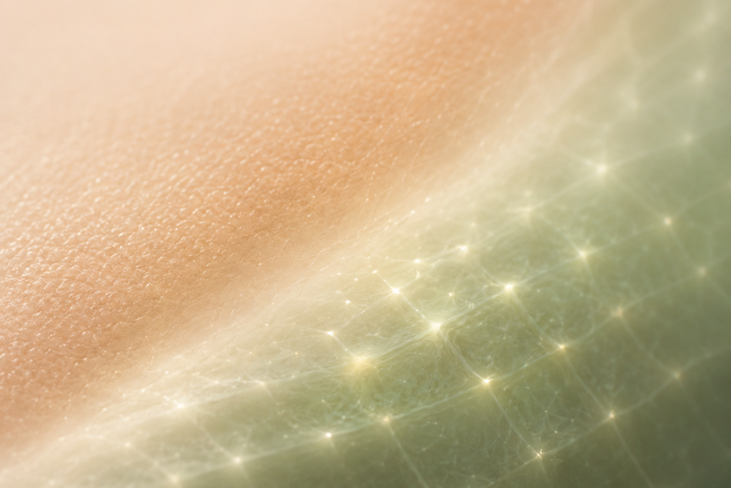 Soft-focus skin-like texture transitioning to smooth luminous texture evoking pore-refining science