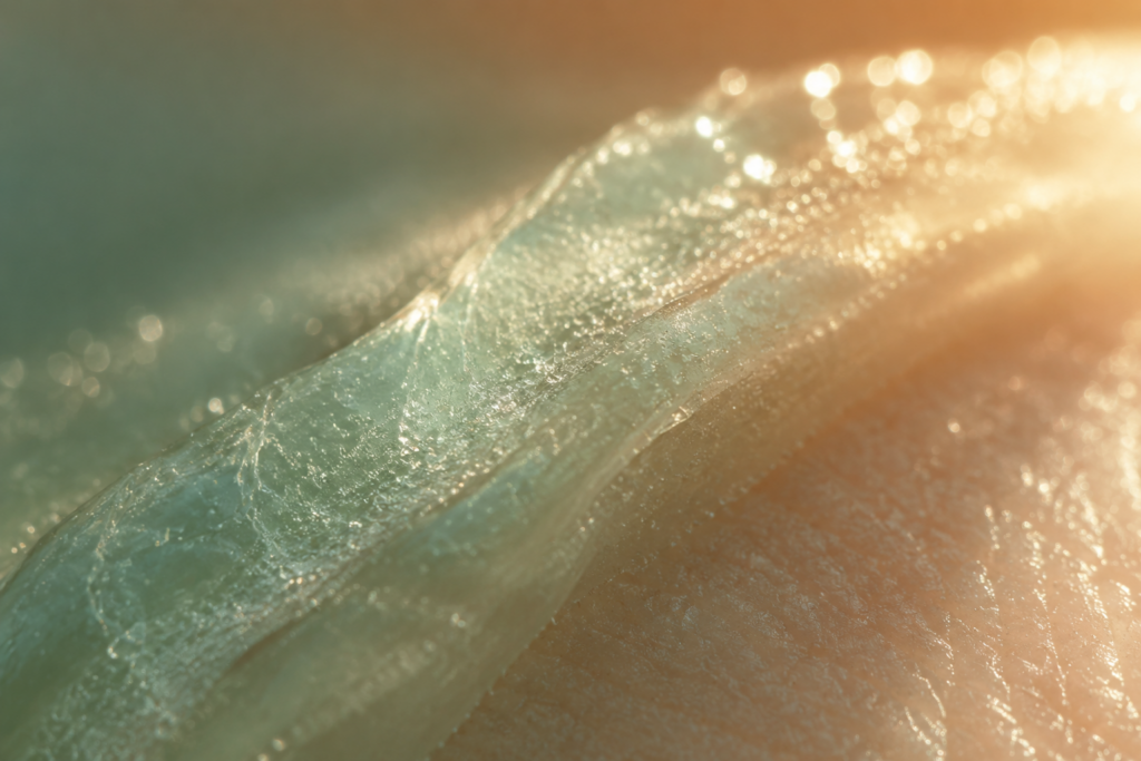 Translucent mineral sunscreen veil glowing in soft sunlight, macro detail