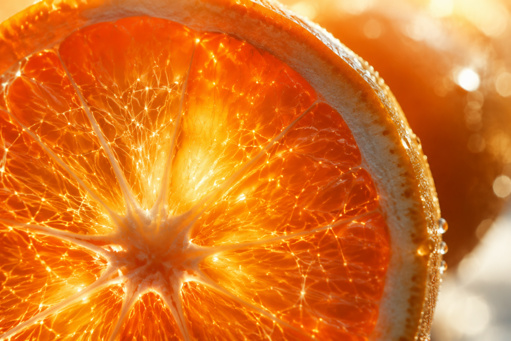 Glowing citrus cross-section macro evoking vitamin C antioxidant network