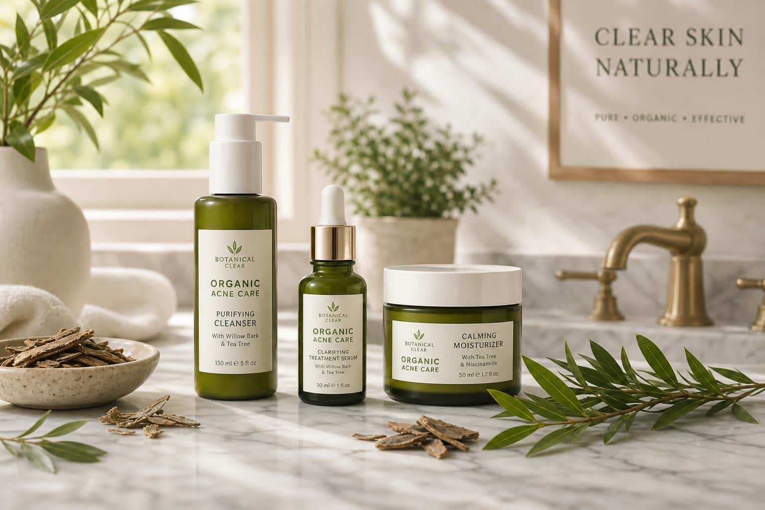 Premium organic skincare products for acne-prone skin on a marble countertop with natural elements.