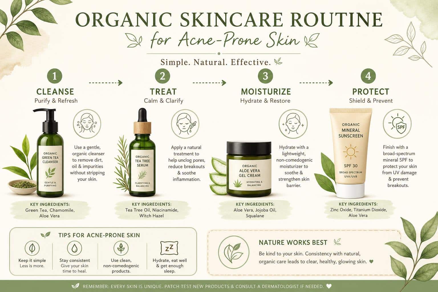 Infographic of the step-by-step organic skincare routine for acne-prone skin.
