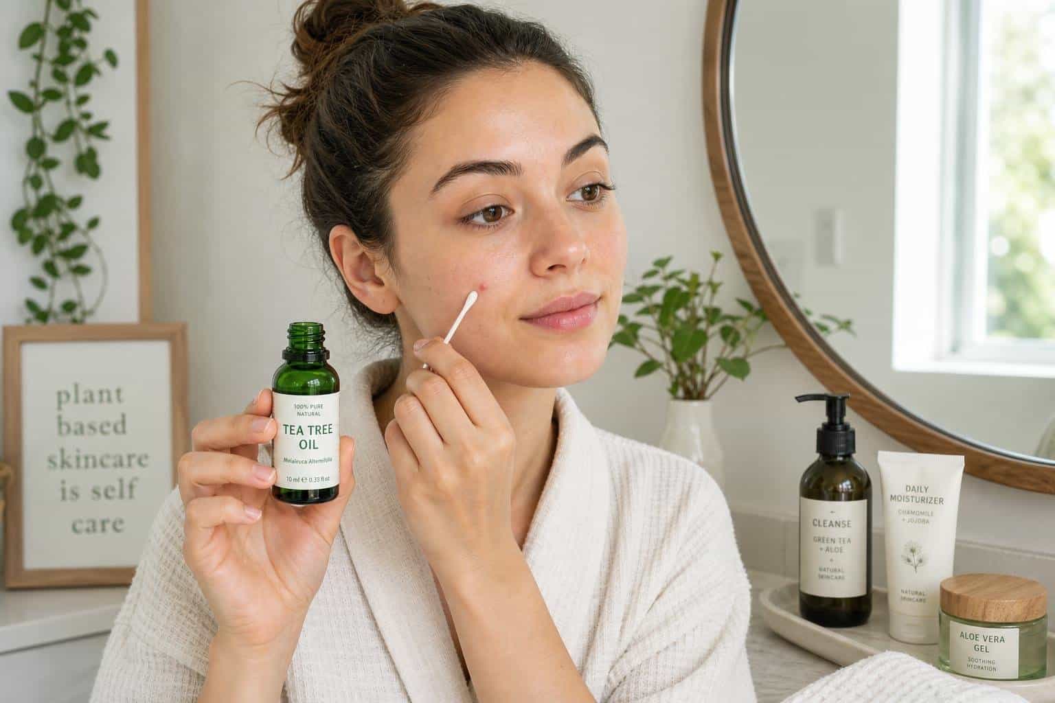 Person applying tea tree oil for acne treatment in a bright bathroom setting.