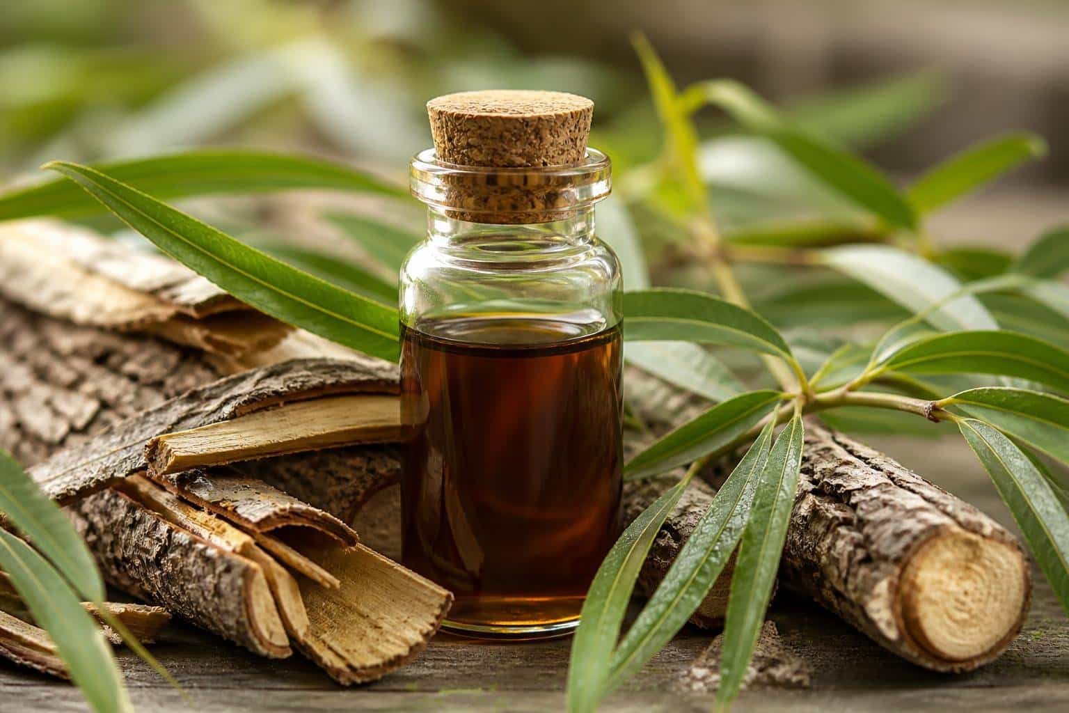 Close-up of willow bark extract, an organic ingredient for acne-prone skin.
