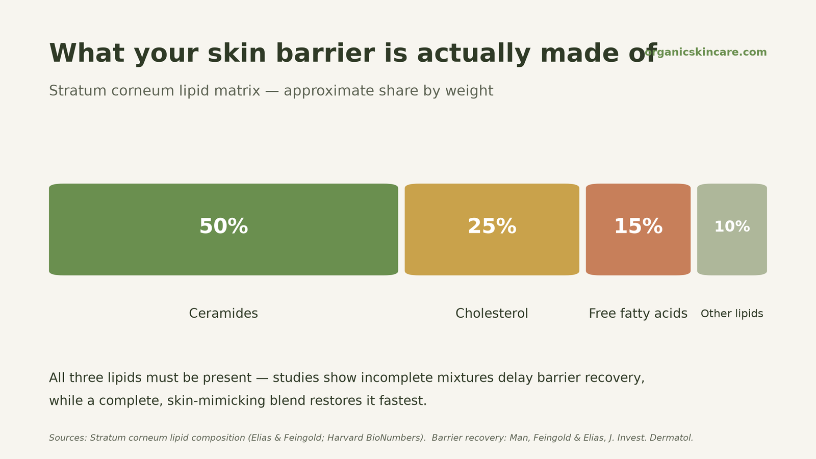 Stratum corneum lipid matrix: about 50% ceramides, 25% cholesterol, 15% free fatty acids