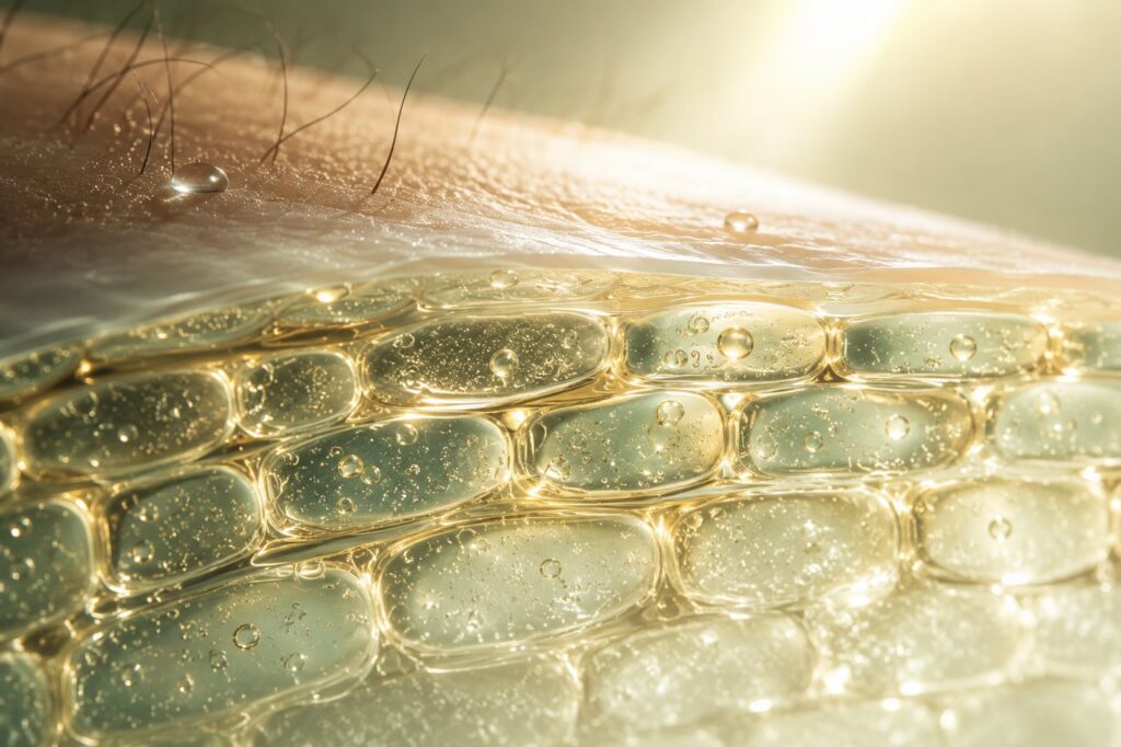 Macro view of the skin moisture barrier as a brick-and-mortar lipid structure with sealed water droplets
