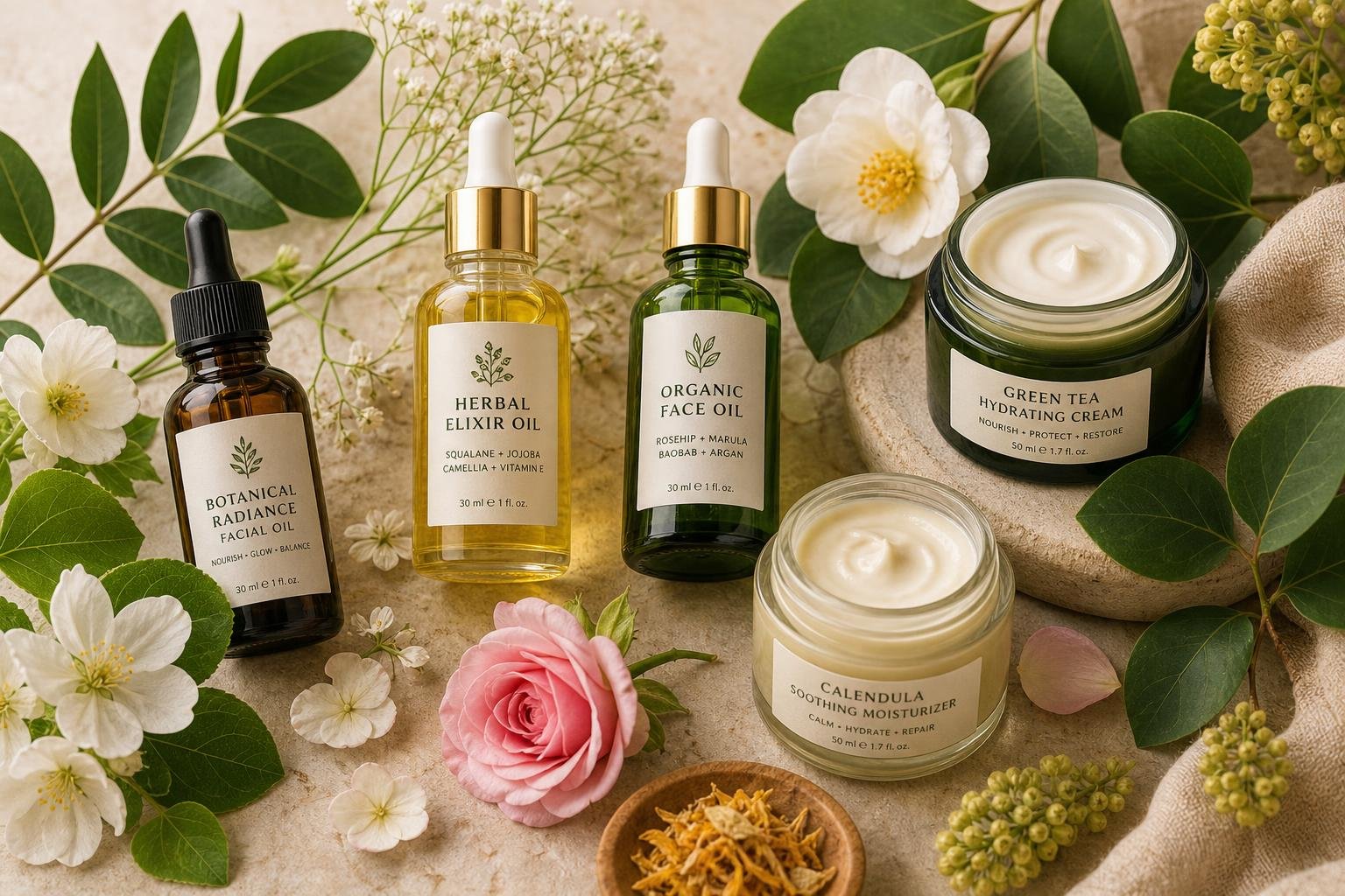 Flat lay of organic face oils and natural moisturizers with botanical elements