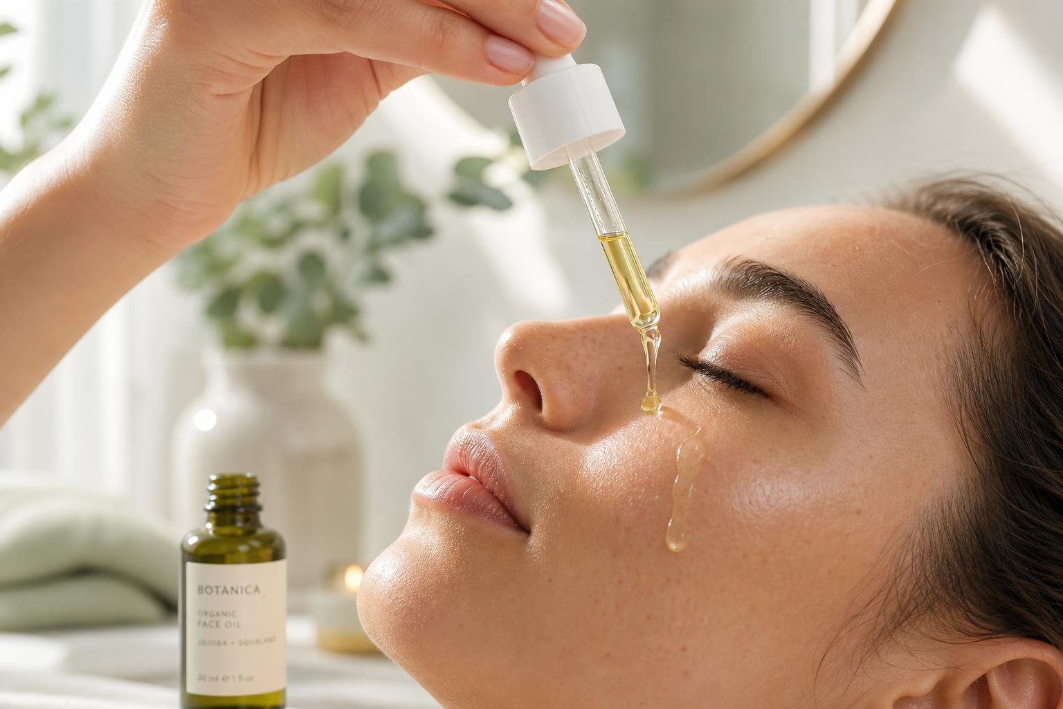 Close-up of applying organic face oil on skin
