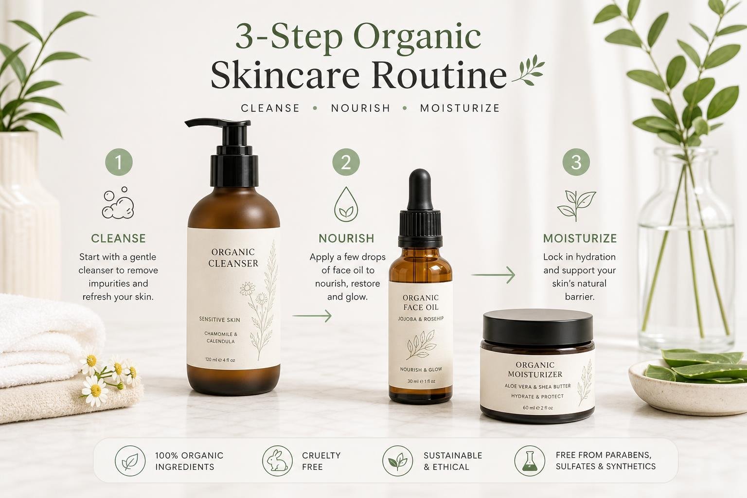 Step-by-step skincare routine with organic face oils and moisturizers
