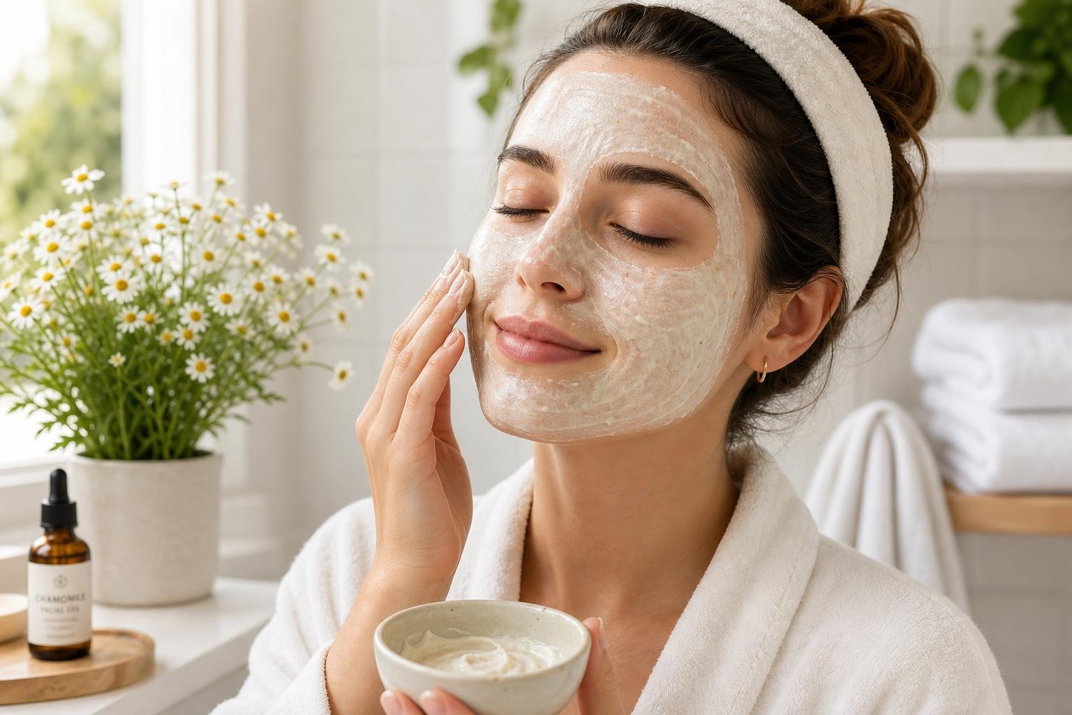 Model applying a chamomile face mask for sensitive skin in a bright bathroom.