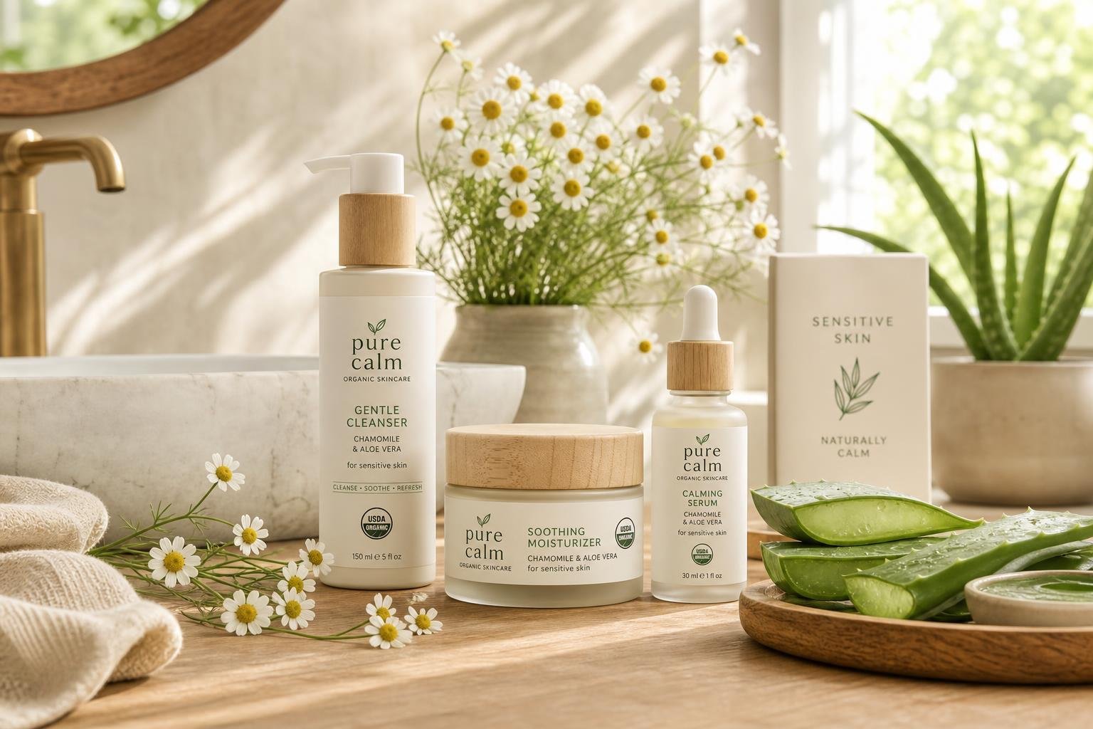 Elegant display of organic skincare products for sensitive skin on a wooden vanity with chamomile and aloe vera.