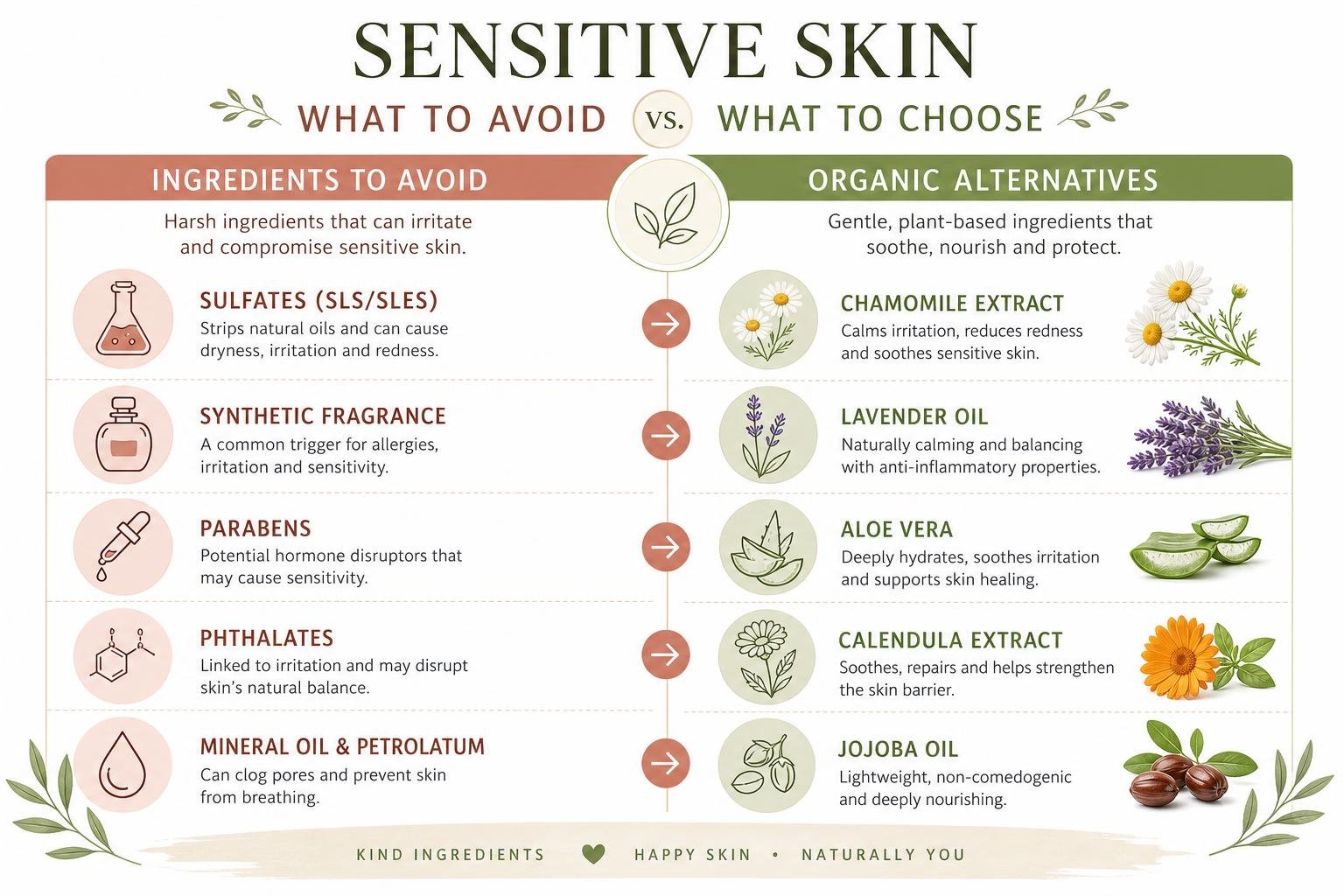 Infographic comparing harmful ingredients and organic alternatives for sensitive skin.