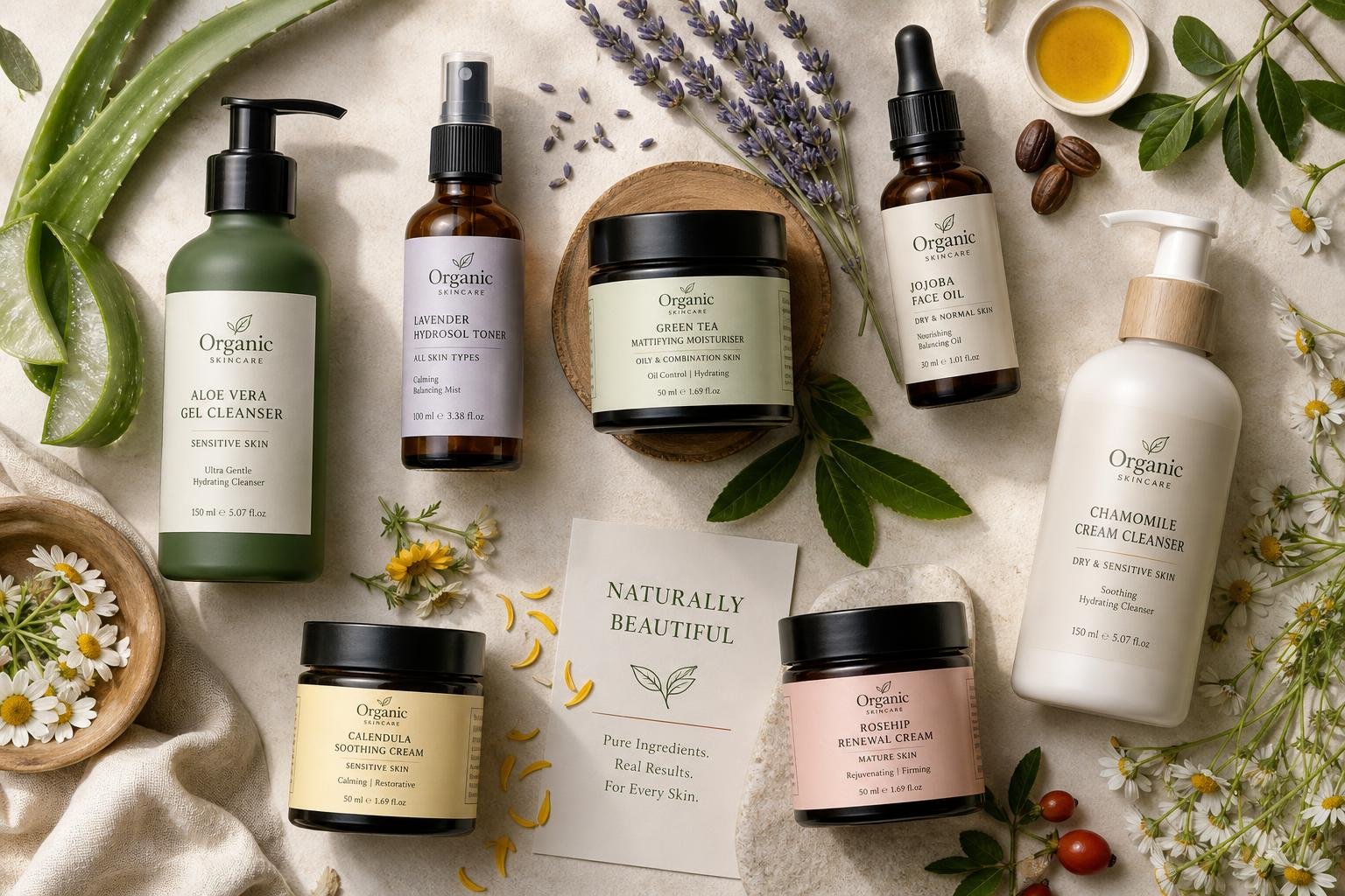 Flat lay of organic skincare products for different skin types with botanical elements