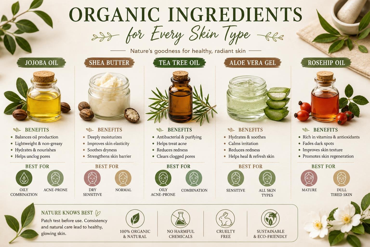 Infographic comparing organic ingredients for different skin types