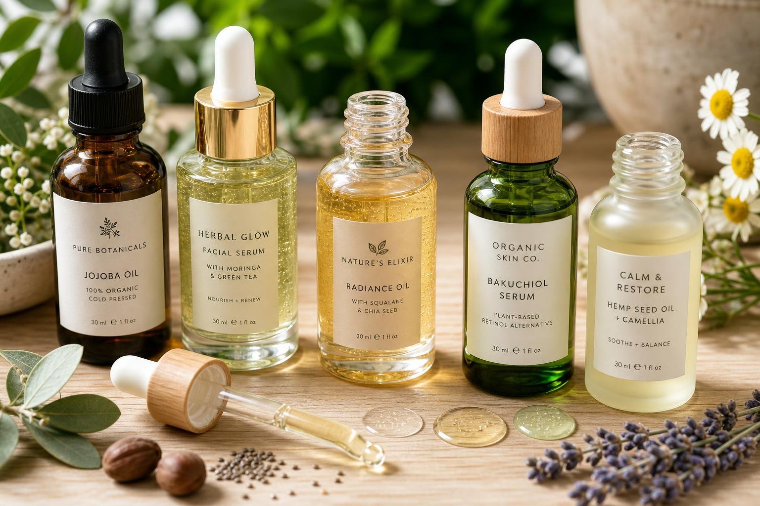 Close-up of organic serums and oils with botanical elements