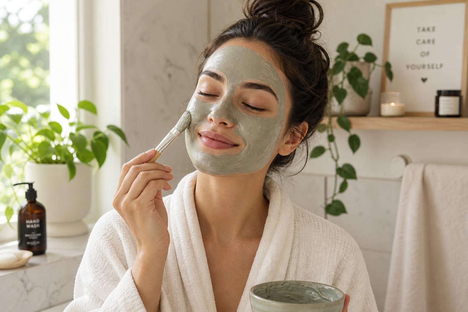 Woman applying organic clay mask in a bright bathroom