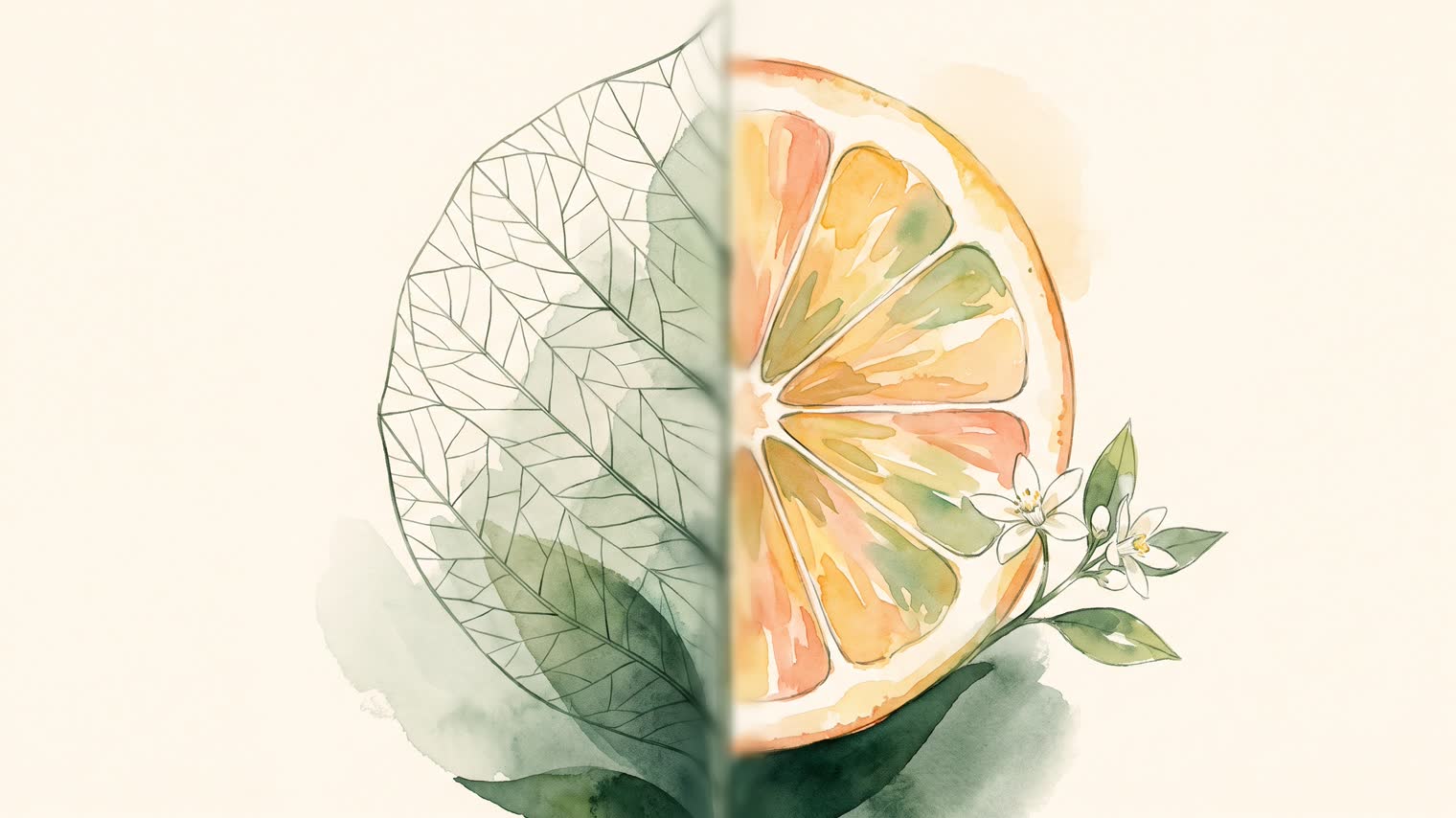 Watercolor diptych of geometric leaf venation beside a sliced citrus