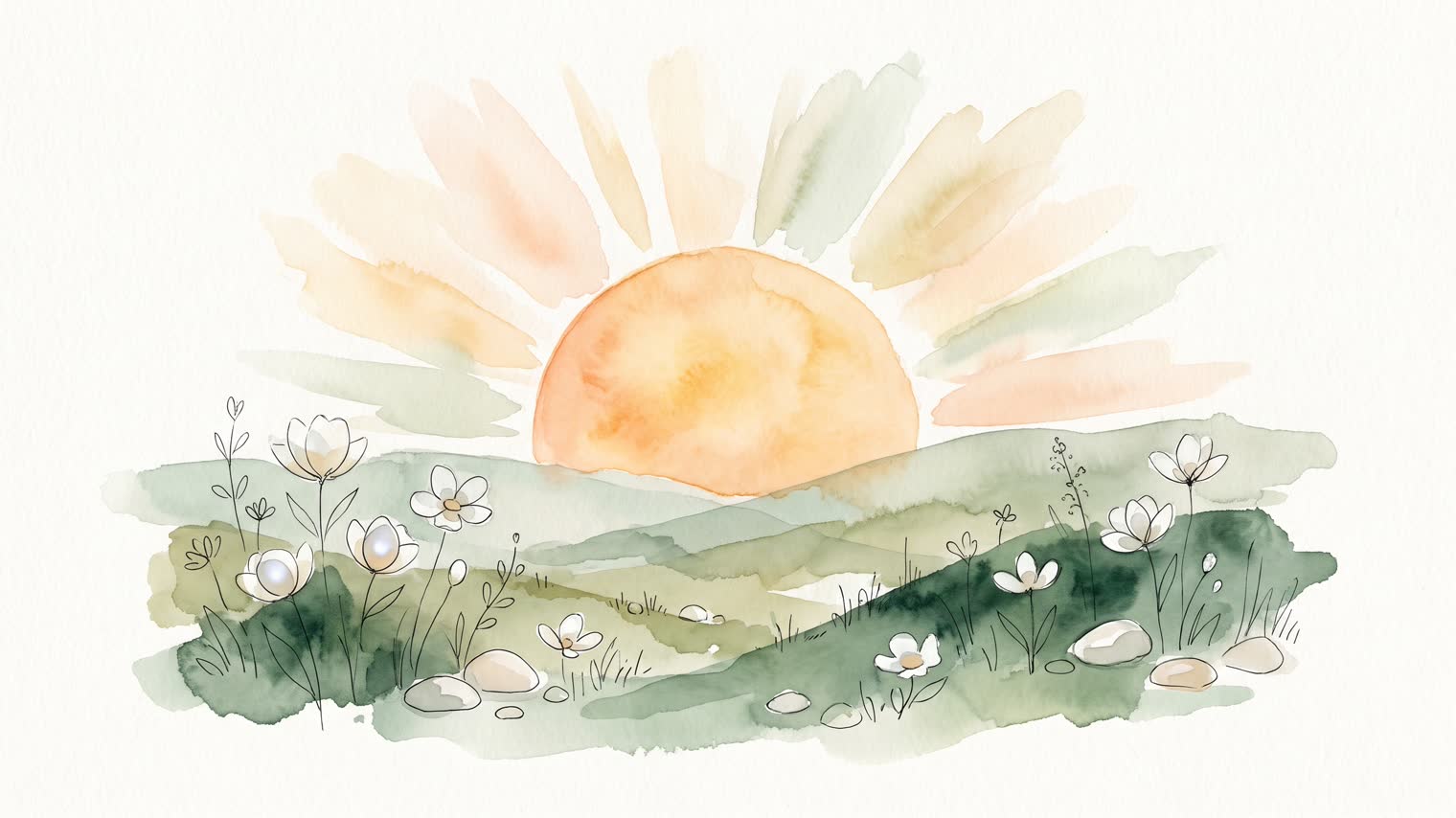 Watercolor sun rising over white mineral blossoms and pebbles