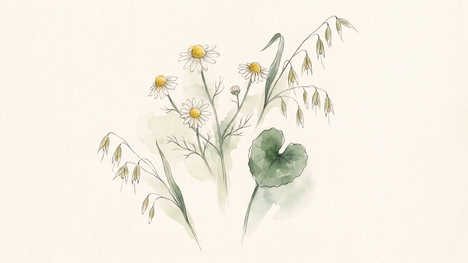 Botanical illustration of chamomile flowers, oat stems and a centella leaf in soft watercolor