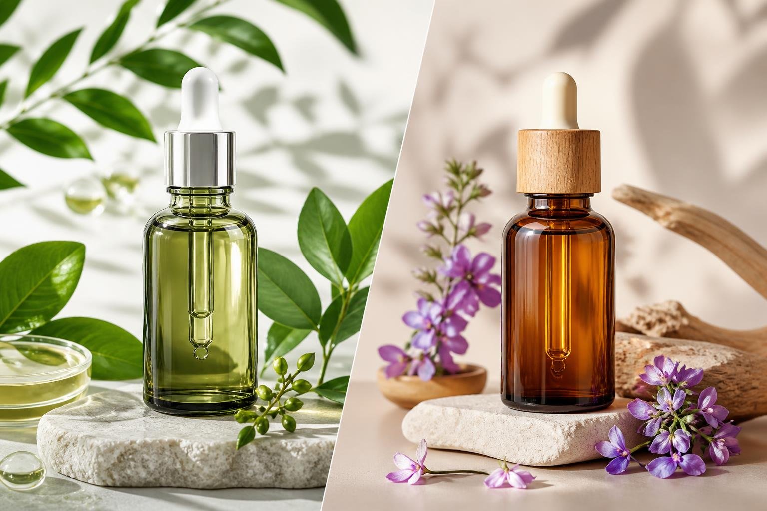 Comparison of retinol and bakuchiol skincare products in a natural setting