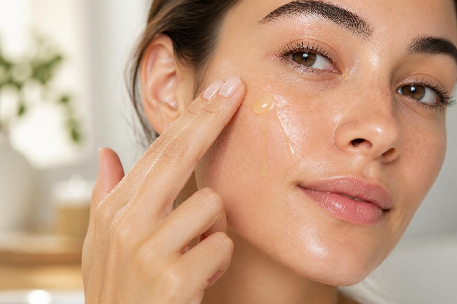 Applying retinol serum to the face