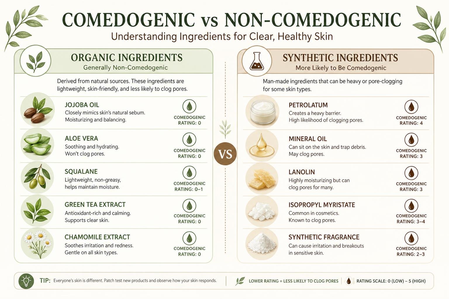 Infographic comparing comedogenic and non-comedogenic skincare ingredients.