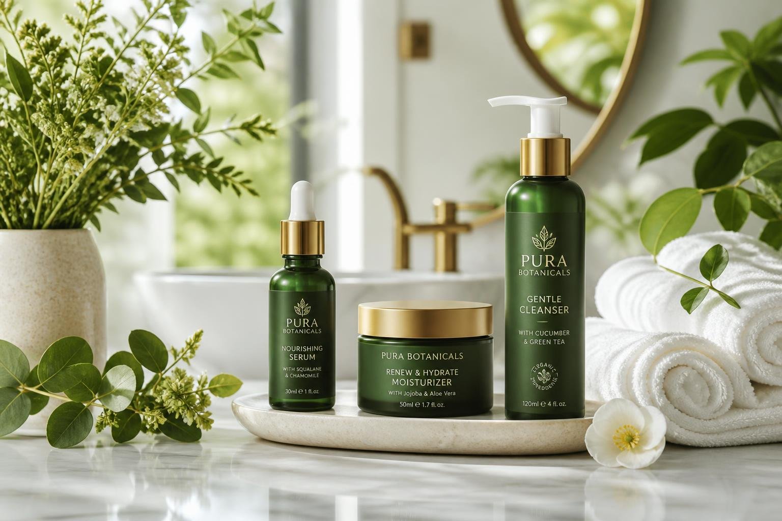 Premium organic skincare products arranged on a marble countertop with greenery.