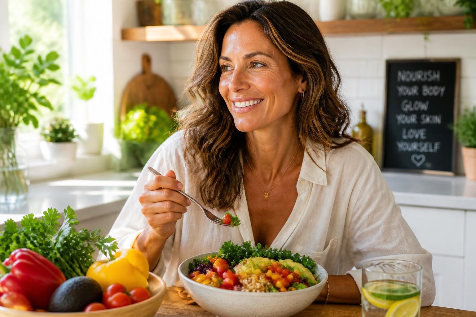Woman in her 40s enjoying a healthy meal with colorful vegetables.