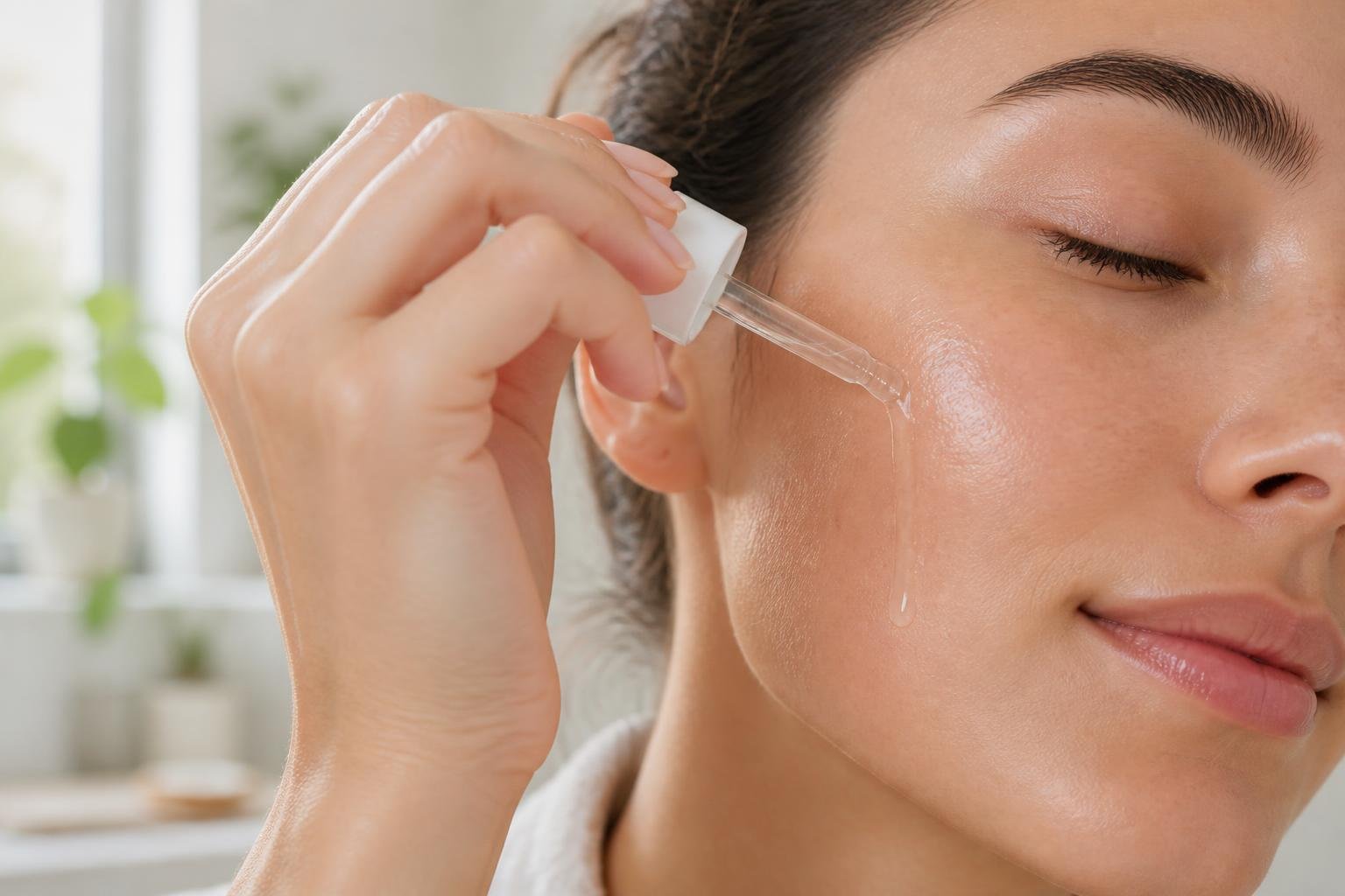 Close-up of a hand applying organic serum to the face.