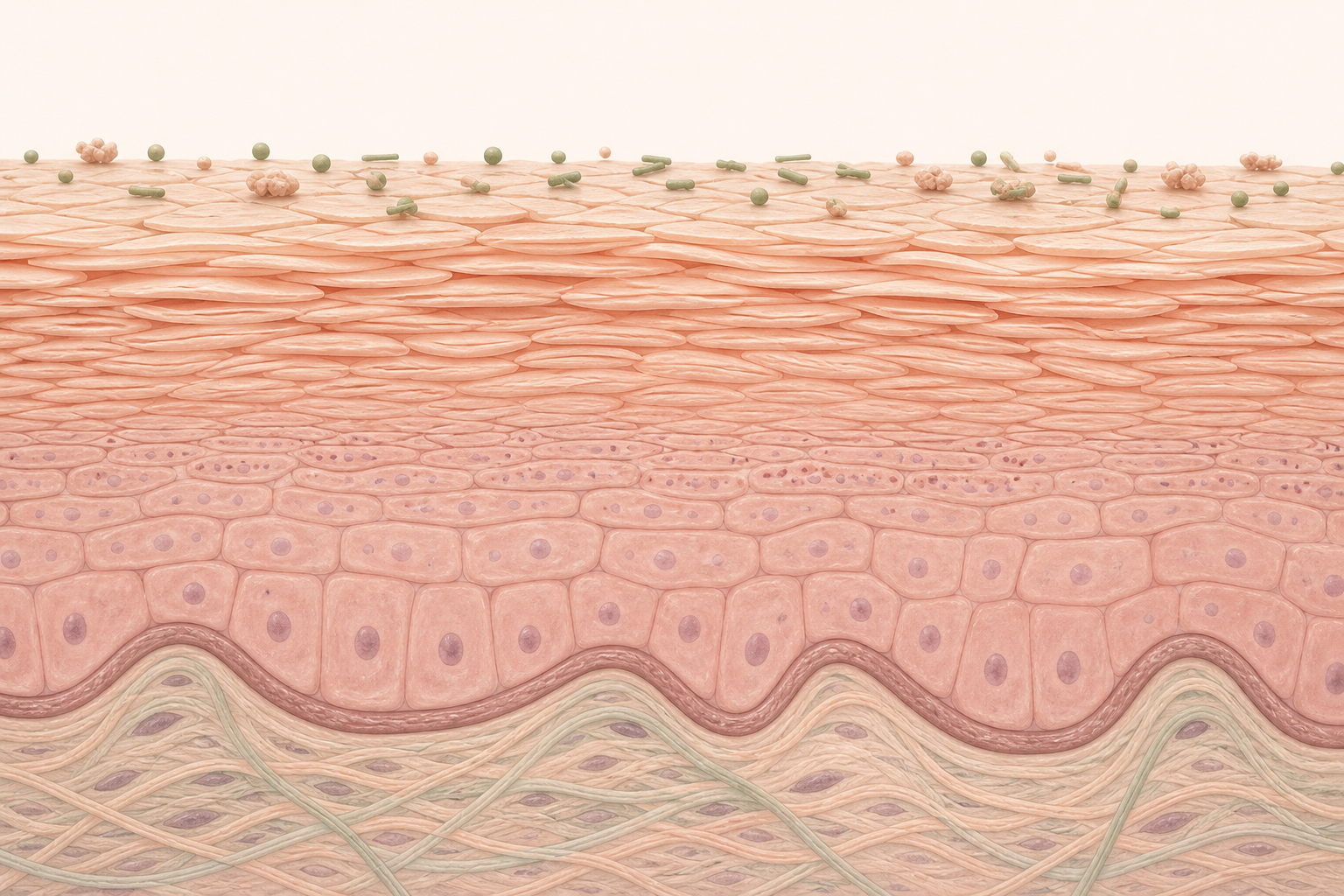 Skin cross-section with particles at the stratum corneum surface, not colonizing living layers.