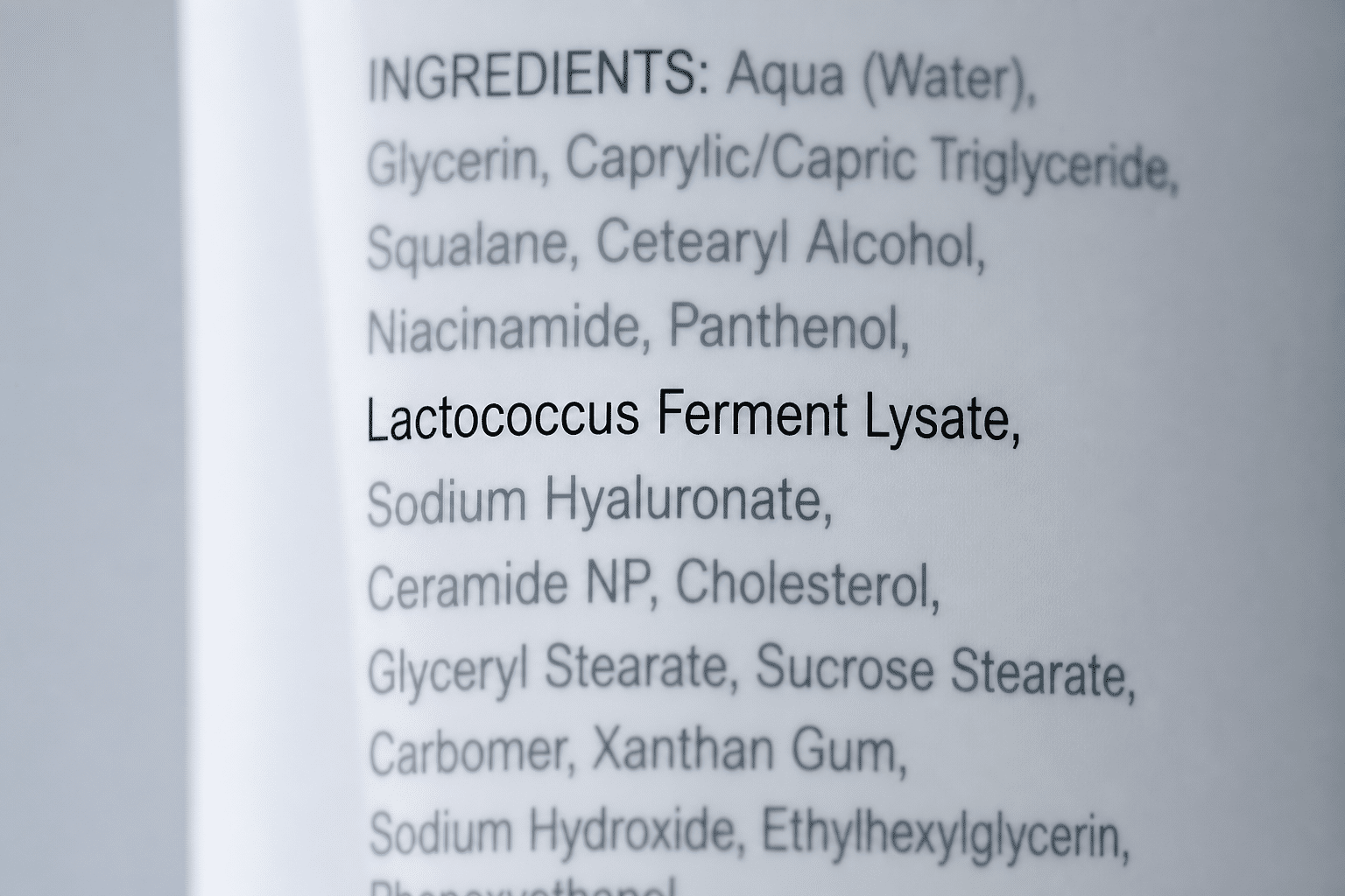 Close-up of an ingredient list with Lactococcus Ferment Lysate in focus.