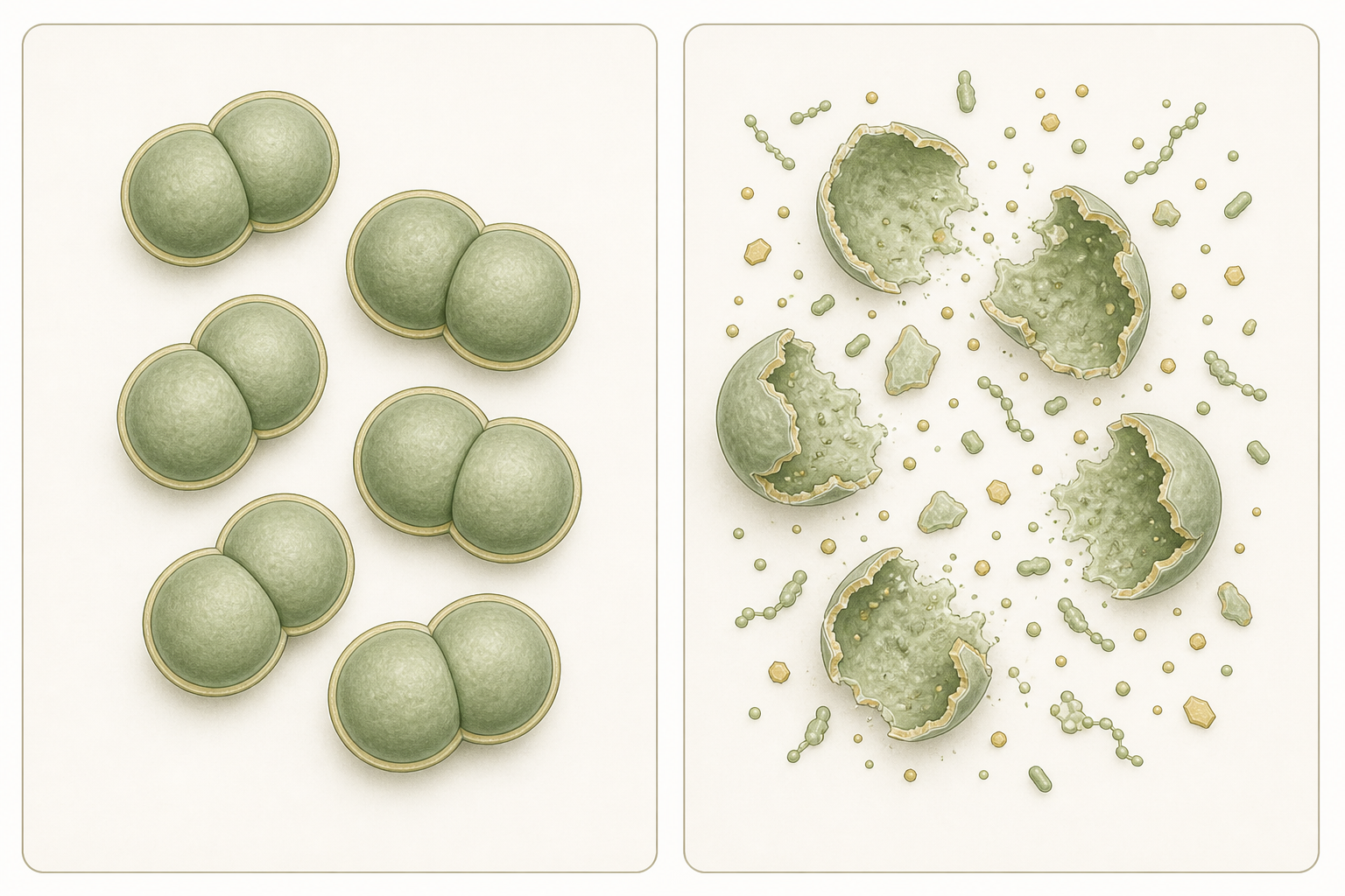 Two-panel diagram of intact diplococci next to ruptured lysate fragments.
